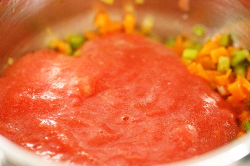 Tomato puree with chopped vegetables.