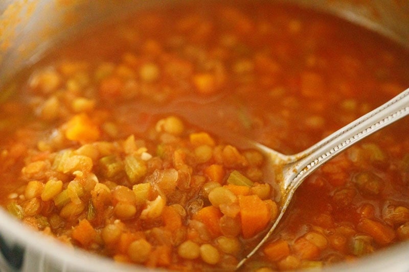 Lentil soup in pot.
