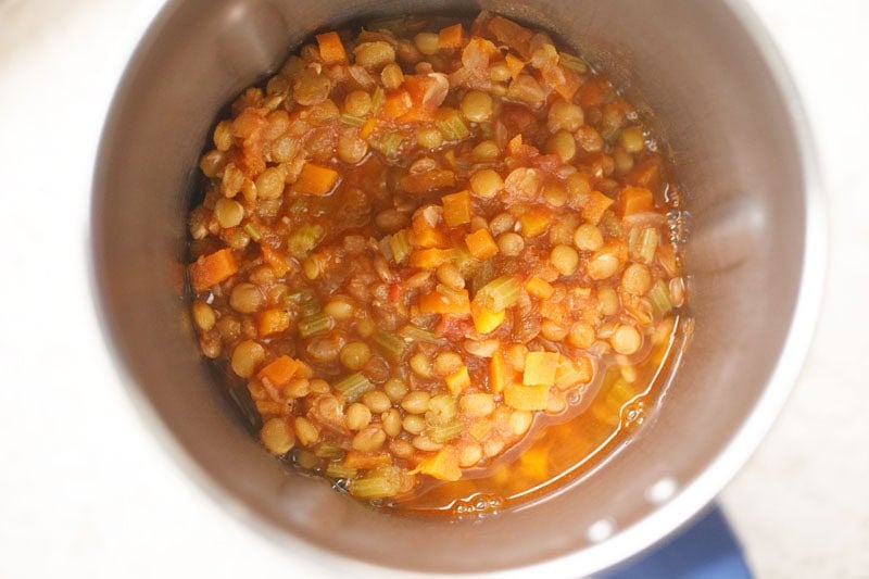 Lentil soup with vegetables in a blender jar.