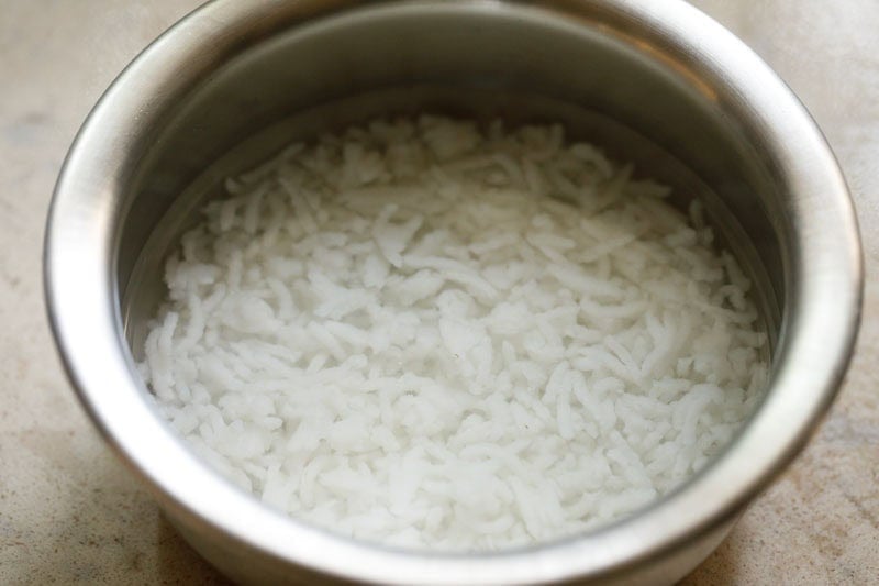Panta bhat or fermented rice with water in a bowl.