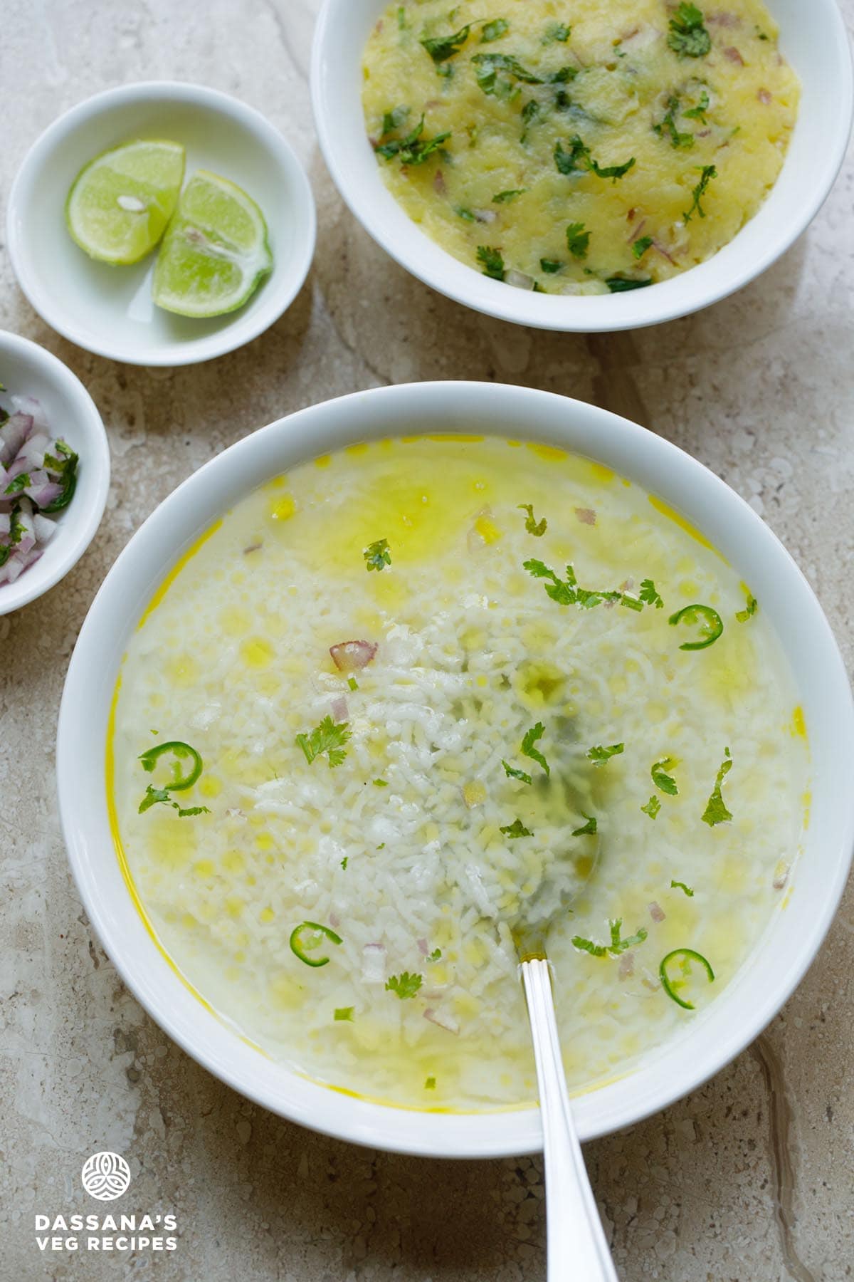 Poita bhat in a bowl with sides.