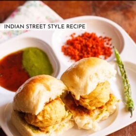 Indian street food vada pav with text layovers.