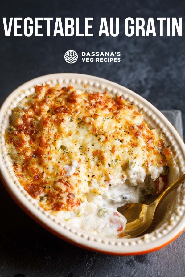 Creamy veg au gratin dish with text layovers.