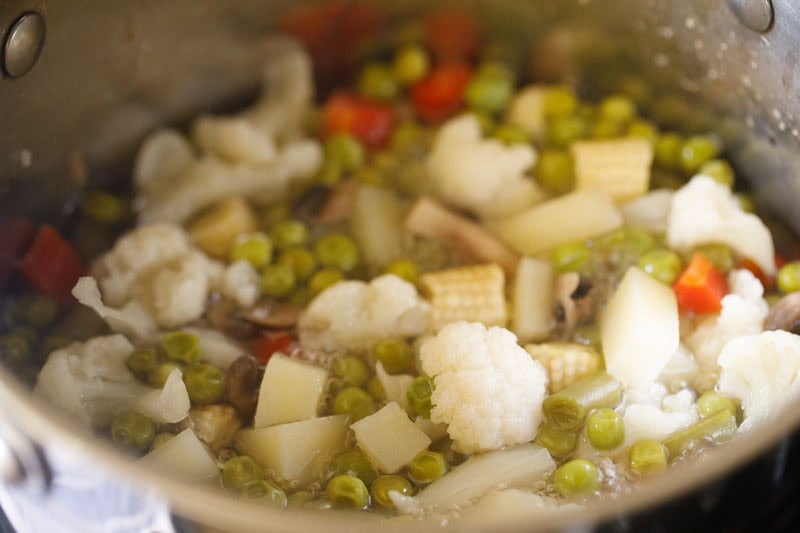 Mixed vegetables cooking in pot