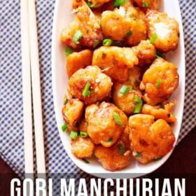 Cauliflower manchurian in a platter with text layovers.