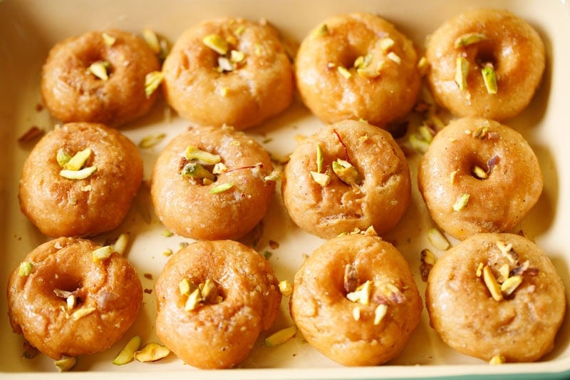 chopped pistachios sprinkled on prepared balushahi.