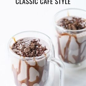 Two glasses of Oreo milkshake with text layovers.