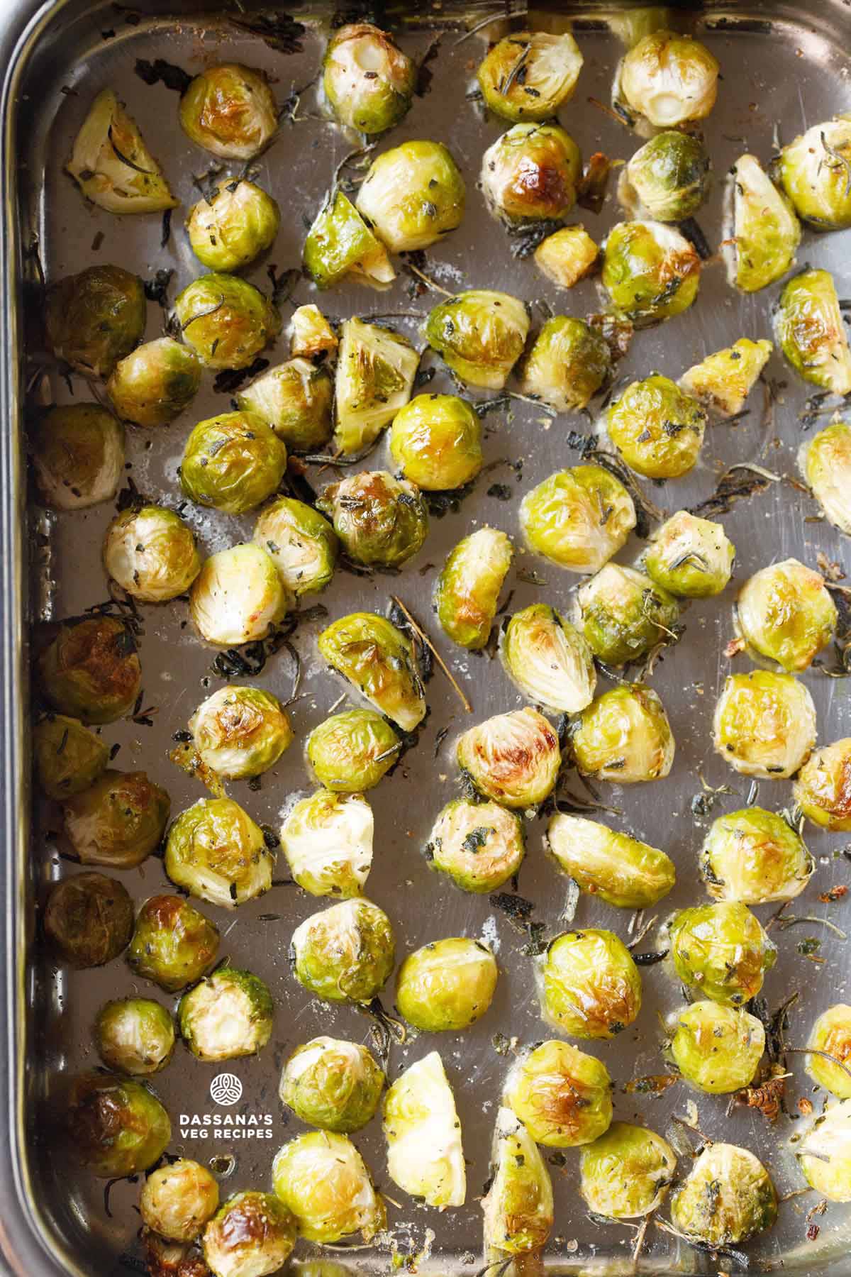 Roasted Brussels sprouts on a tray.