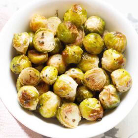 Bowl of roasted Brussels sprouts.