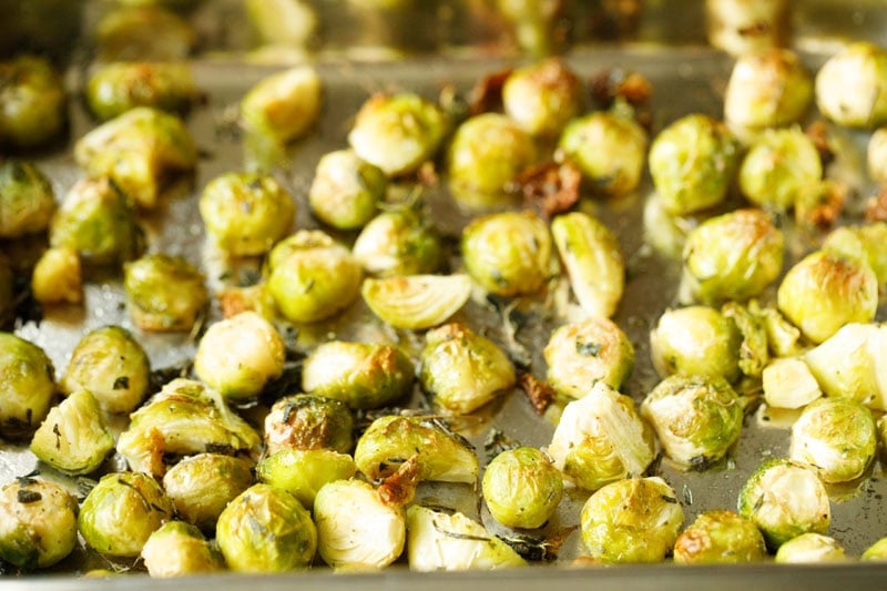 Roasted Brussels sprouts on a tray.
