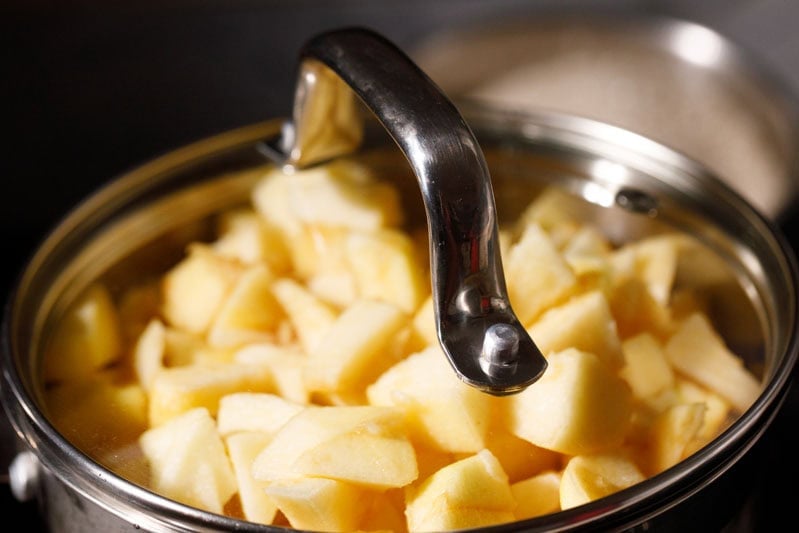 Saucepan covered with lid.