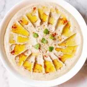 Creamy baba ganoush with olive oil drizzle.