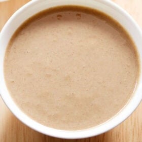 Smooth, creamy tahini in bowl.