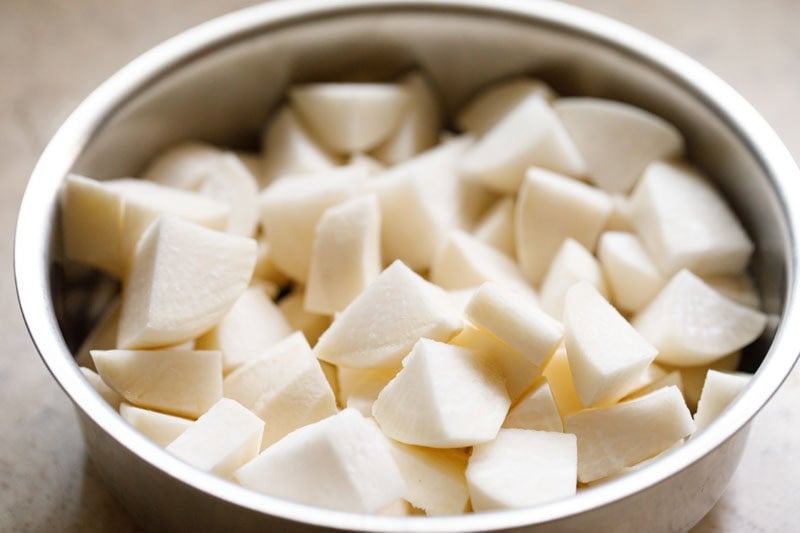 Chopped turnip in a bowl.