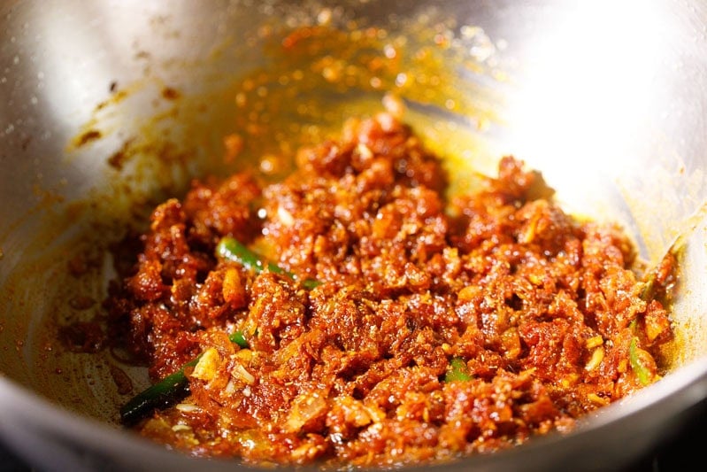 Spiced masala mixture in pan.