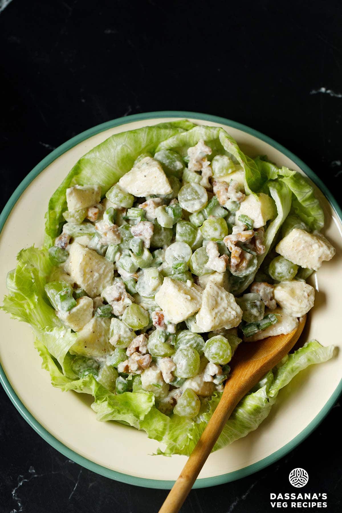 Creamy waldorf salad with apples, grapes and nuts