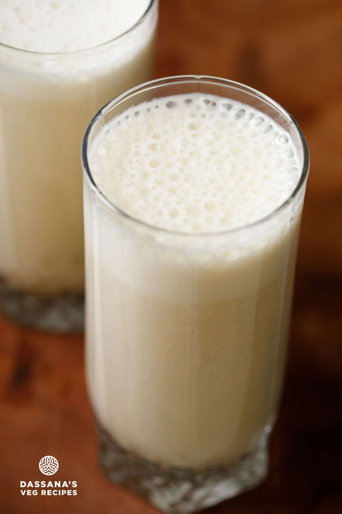 Two glasses of creamy Korean banana milk.