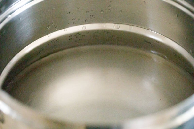 Empty stainless steel pot with water.