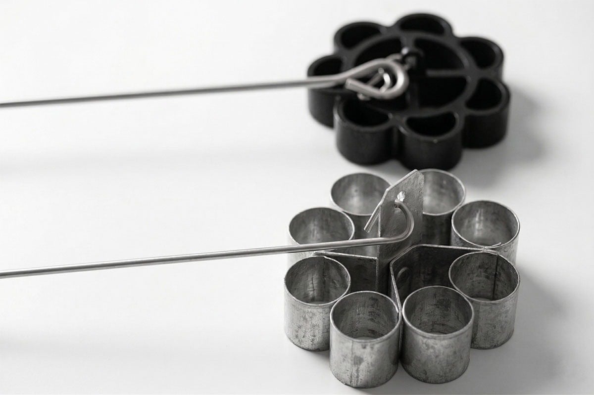 nonstick and metal rose cookie maker or mould also called achu on a white surface.