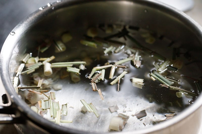 chopped lemongrass stalks in water.