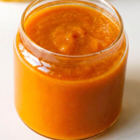 Jar of homemade mango jam.