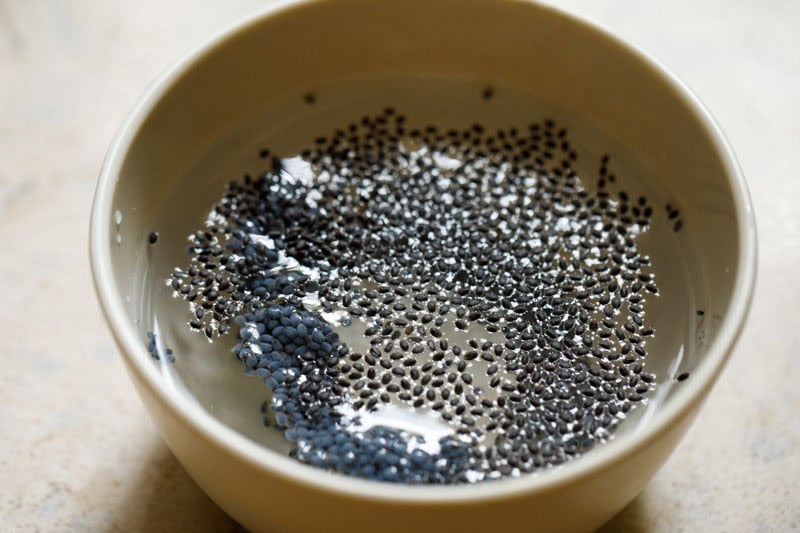 sabja seeds and water in bowl.