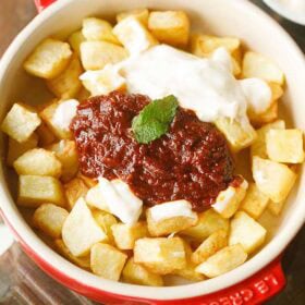 patatas bravas in a bowl.