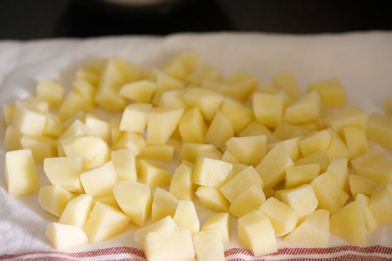 potato cubes on a kitchen napkin.