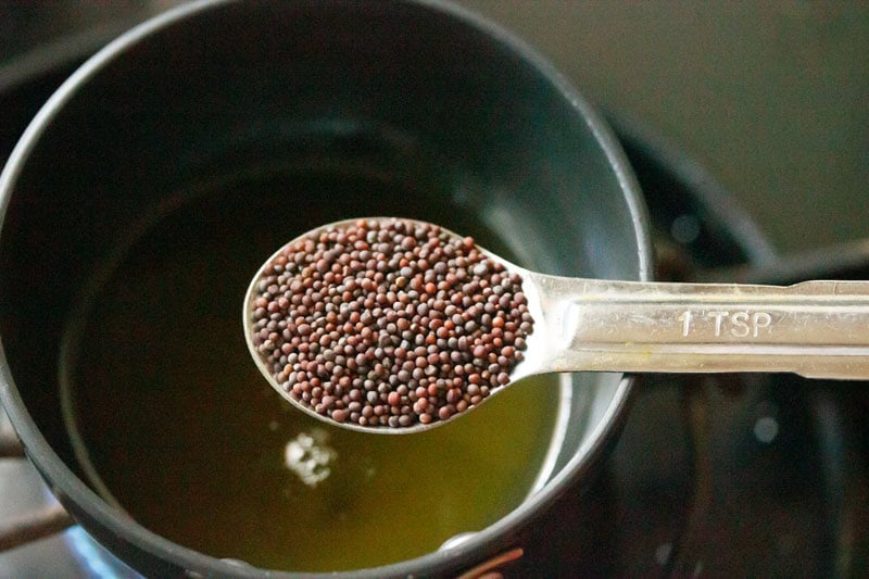 Spoonful of mustard seeds over oil.