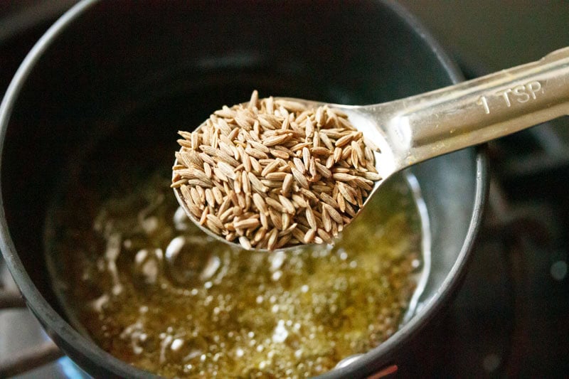 Spoonful of cumin seeds over oil.