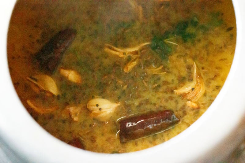 Tempering mix on cooked tur dal.