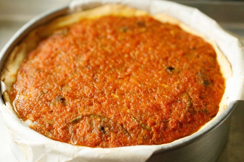 Freshly baked deep dish pizza.