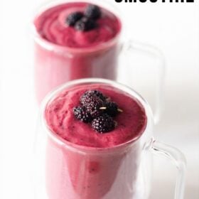 Berry smoothie in glasses with text layovers.