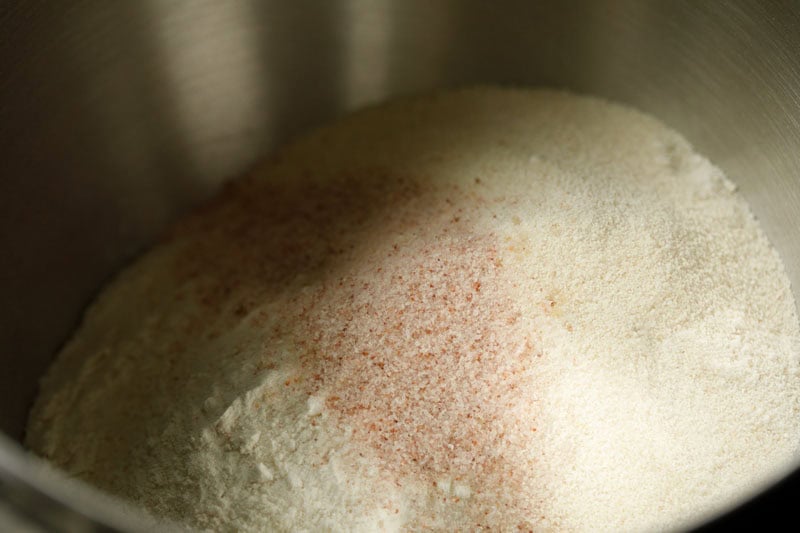 Flour and salt in stand mixer bowl.