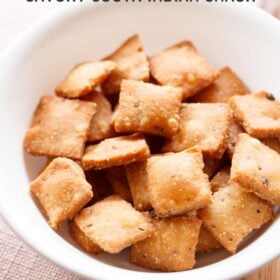 Diamond biscuits in white bowl with text layovers.