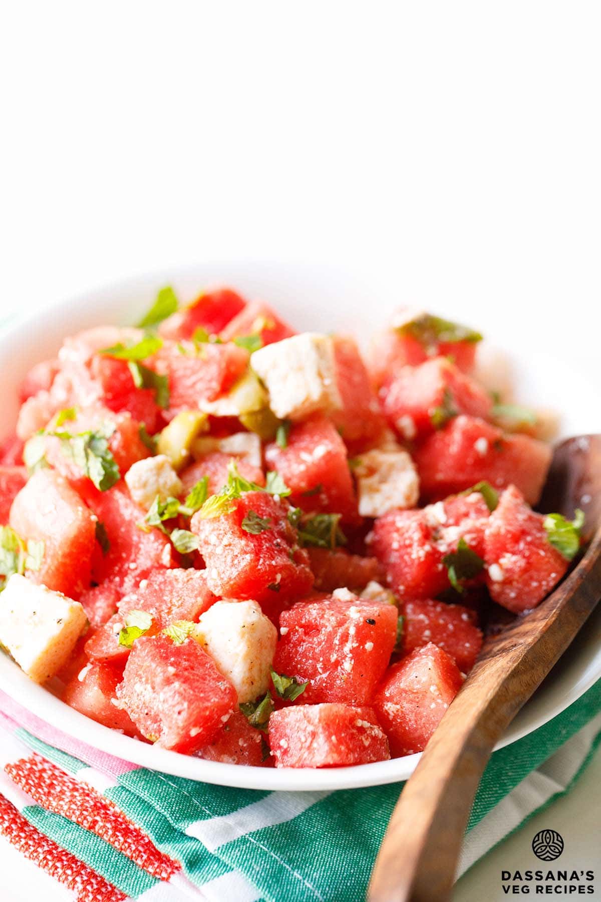 Colorful salad with watermelon and feta.