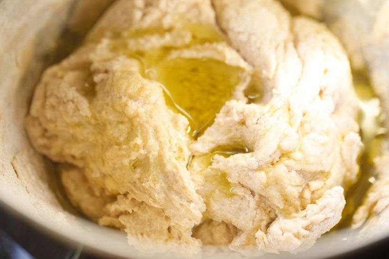 Dough with olive oil mixture.