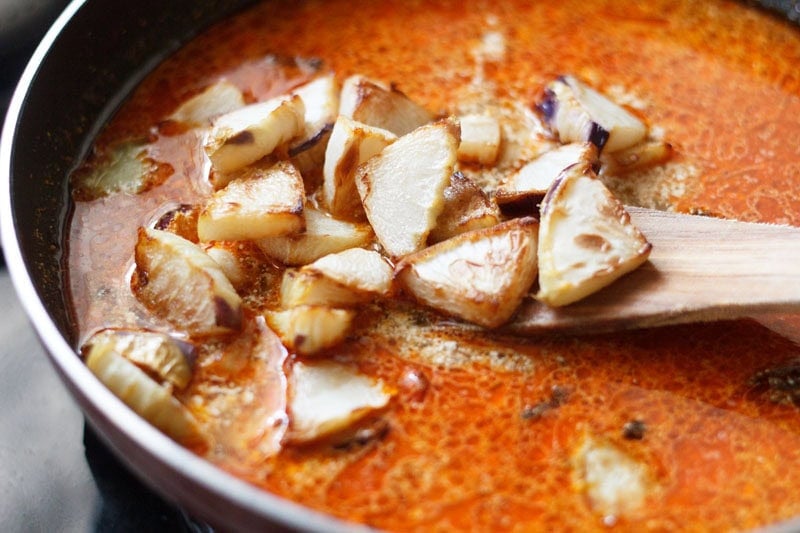 fried knol khol or kohlrabi added to curry mixture.