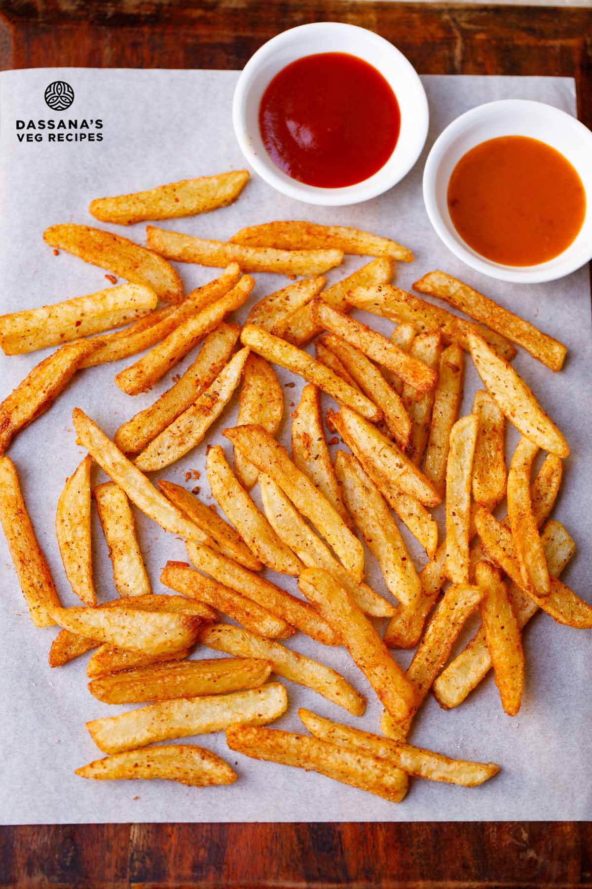 Peri peri french fries served with dips.