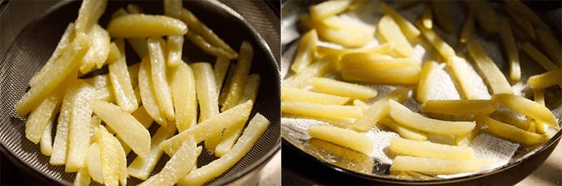 Collage of par-cooked potato fries in a strainer and on a paper towel.