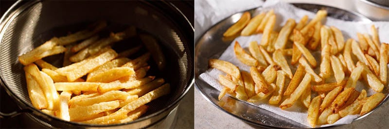 Collage of crispy golden potato fries in a strainer and on a paper towel.