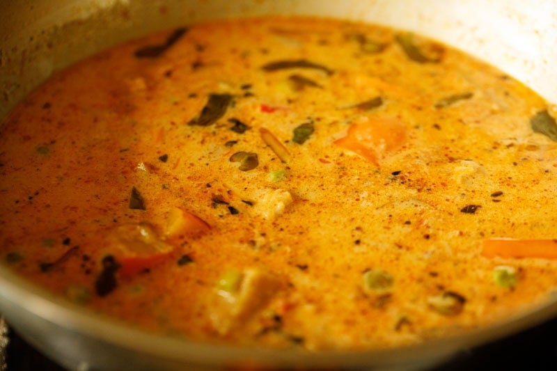 Creamy Thai style pumpkin curry in a pan.