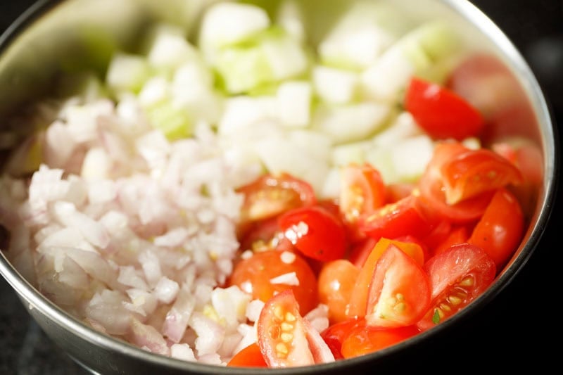 Chopped veggies in bowl.