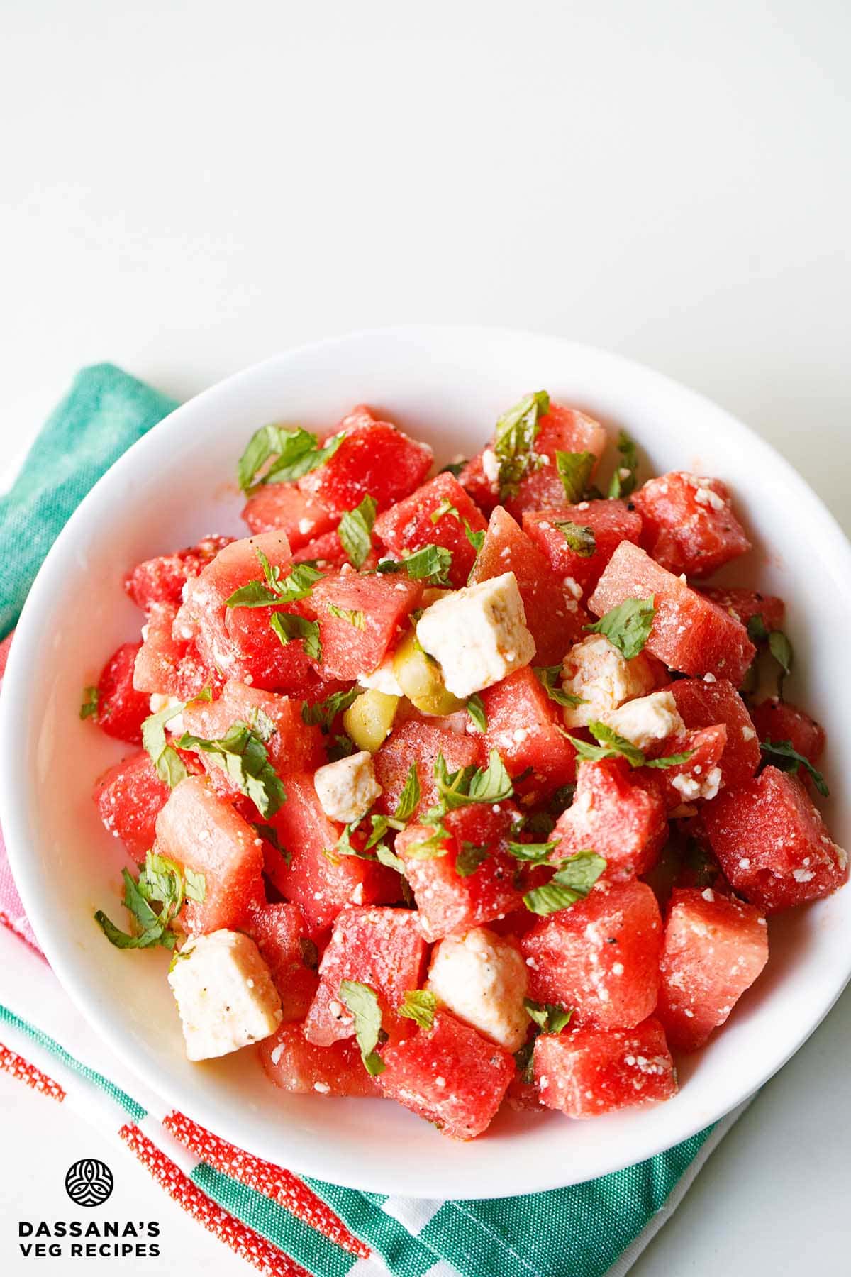 Fresh watermelon feta salad bowl.