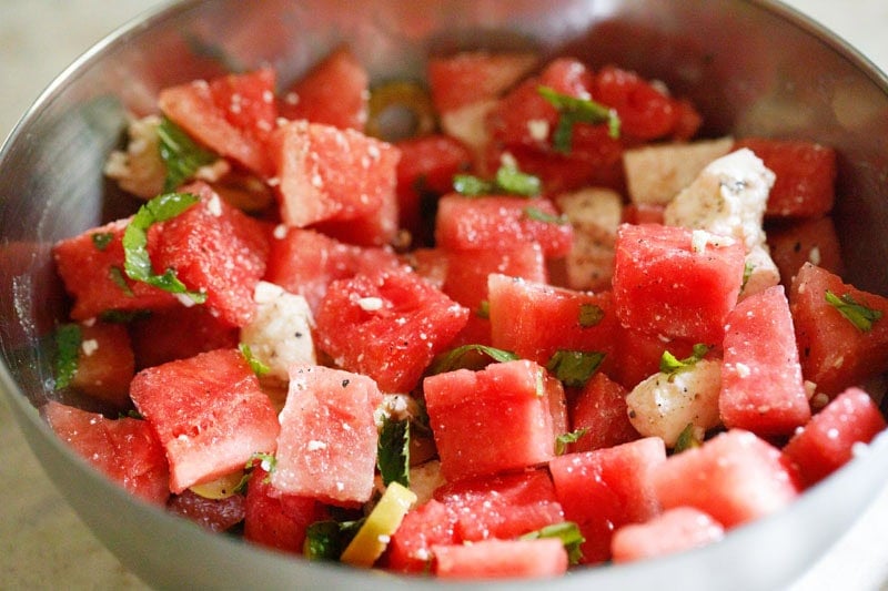 Colorful salad with watermelon and feta salad.