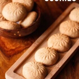Wheat cookies on a wooden tray with text layovers.