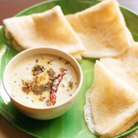 Idli dosa chutney in a bowl with text layovers.
