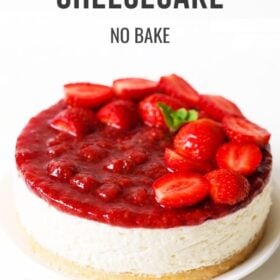 Strawberry cheesecake on white plate with text layovers.