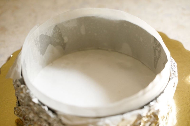 Springform pan lined with parchment.