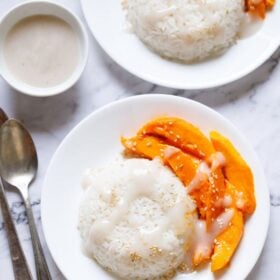 Mango sticky rice on two plates with text layovers.